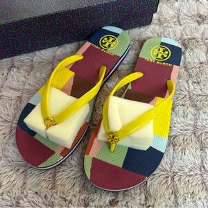 Tory Burch Multicolor Patchwork Flip Flops with Yellow Straps size 9 new